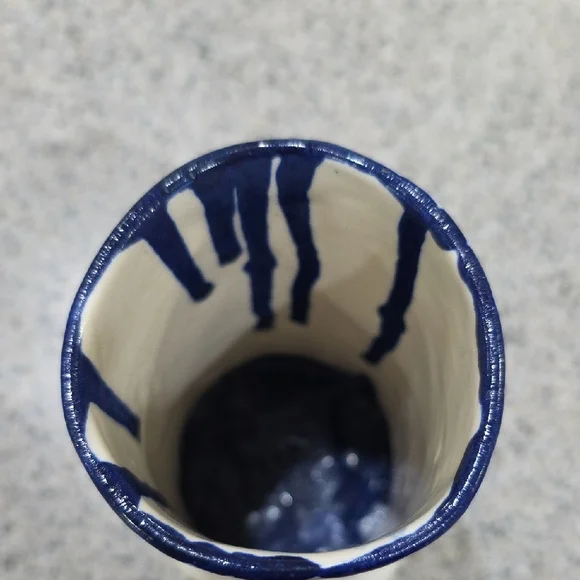 Artisan White and Blue Ceramic Cylinder - Picture 4 of 5